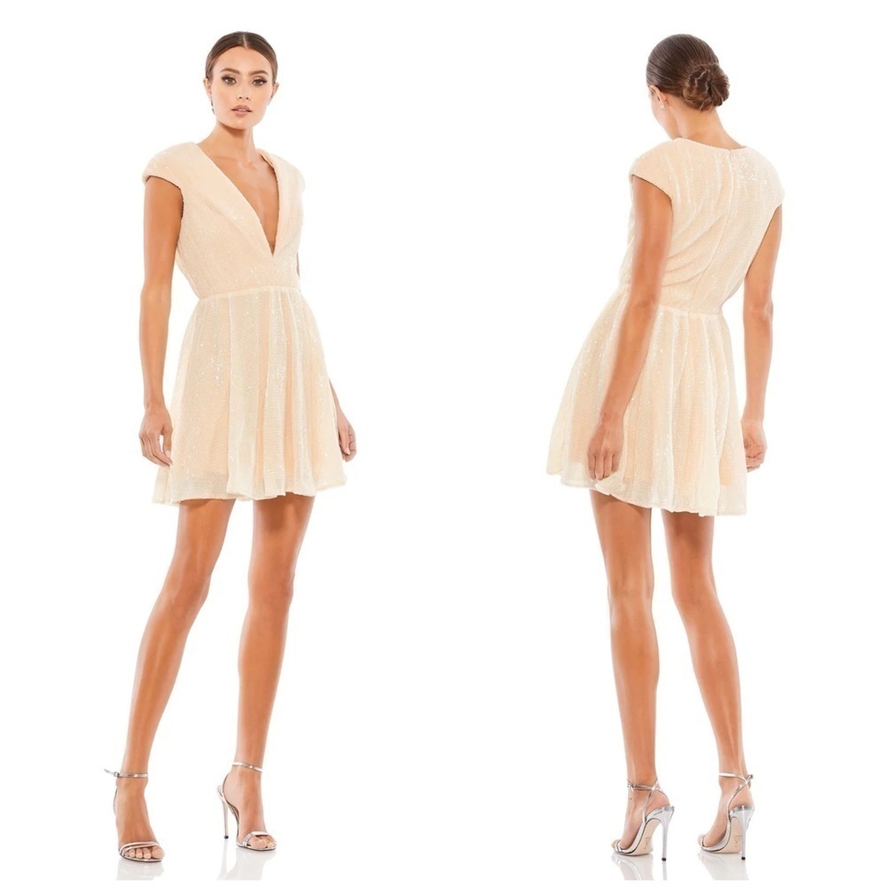 IEENA FOR MAC DUGGAL Sequined Cap Sleeve Fit And Flare Mini Dress In Porcelain